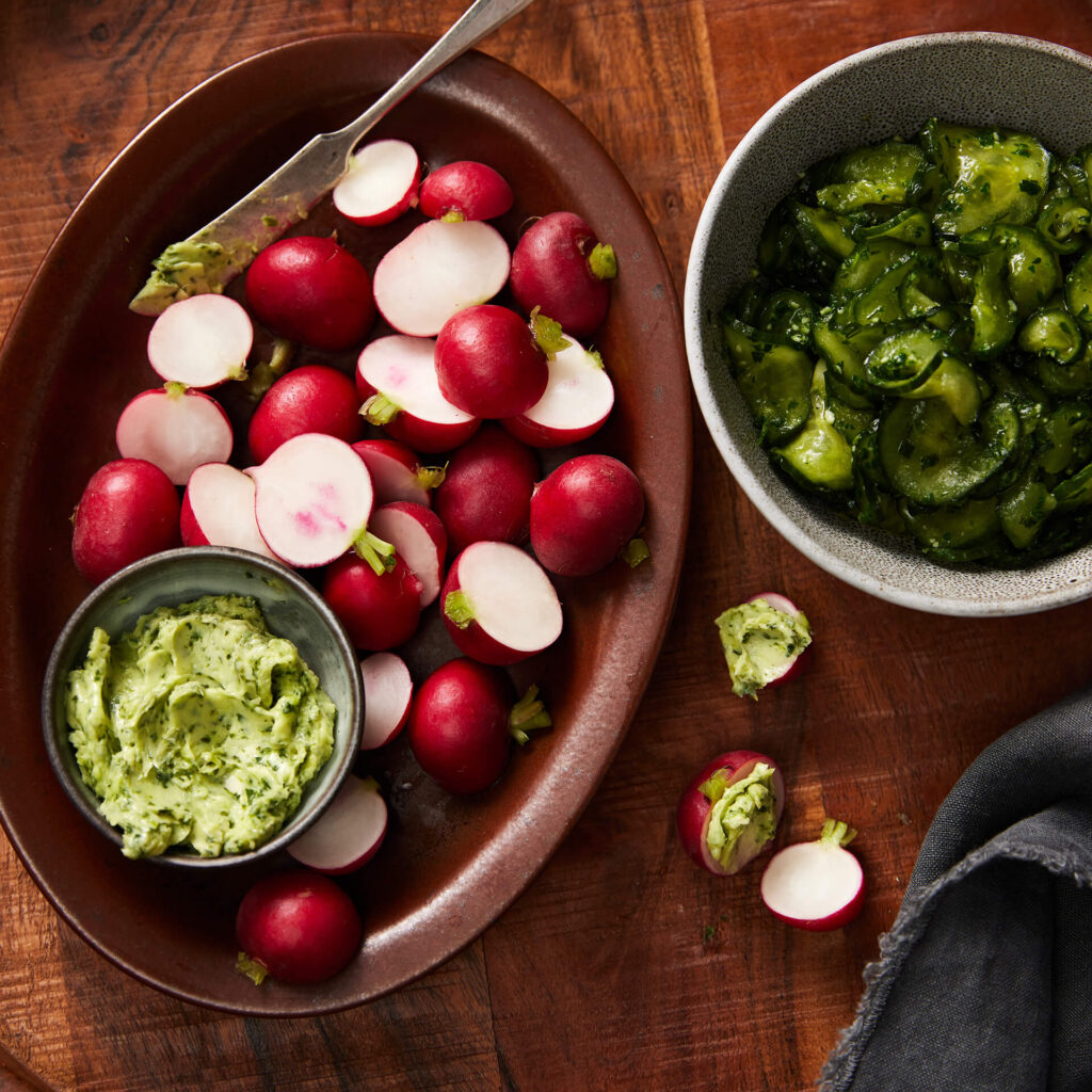 Radishes with sea salt and basil butter & swedish style cucumber salad
